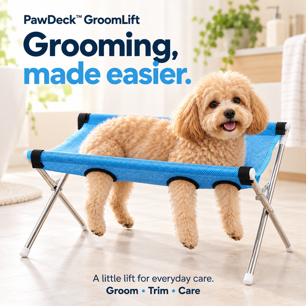 Small curly-haired dog on a blue PawDeck GroomLift pet grooming stand.