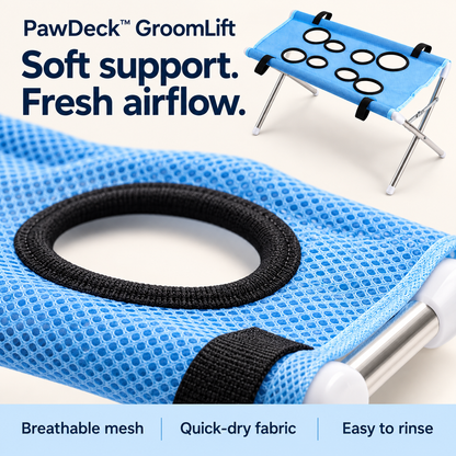 Close-up of blue GroomLift mesh with a reinforced leg opening and stitched edge.