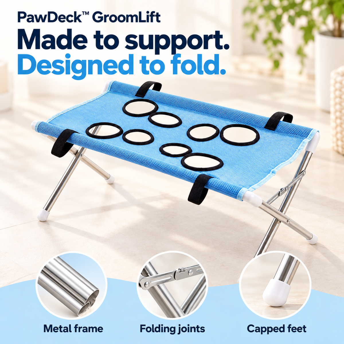 Blue GroomLift stand with close-ups of its metal frame, folding joints and capped feet.