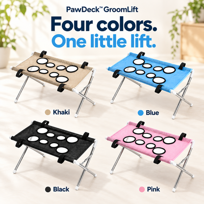 GroomLift pet grooming stands in khaki, blue, black and pink.