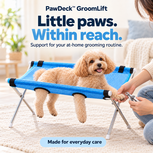 Person trimming a small dog's nails while the dog rests on a blue GroomLift stand.